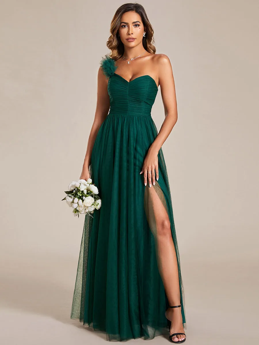 Pleated Backless One Shoulder Split Tulle Wholesale Bridesmaid Dresses