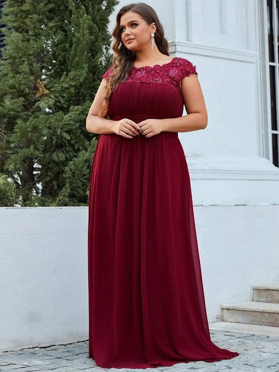 Plus Size Elegant Maxi Long Lace Cap Sleeve Bridesmaid Dress