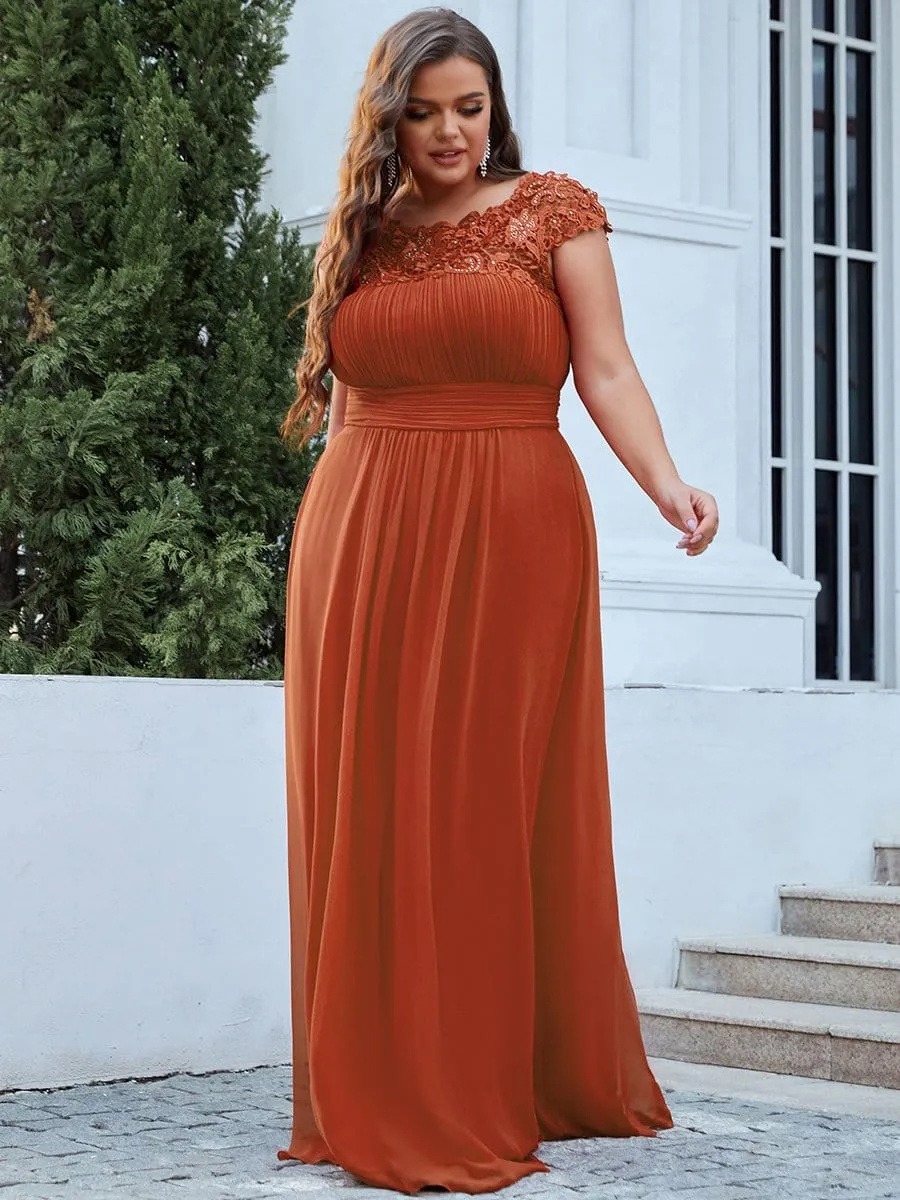 Plus Size Elegant Maxi Long Lace Cap Sleeve Bridesmaid Dress