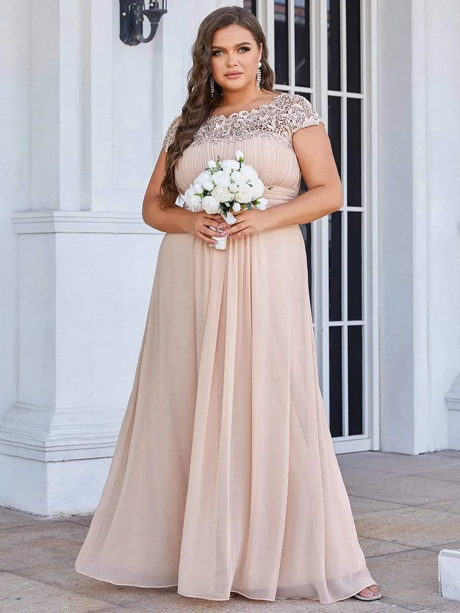 Plus Size Elegant Maxi Long Lace Cap Sleeve Bridesmaid Dress