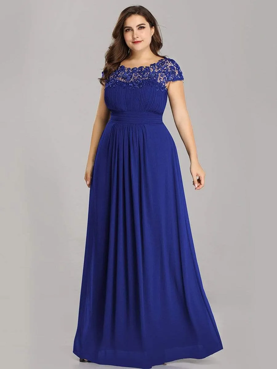 Plus Size Elegant Maxi Long Lace Cap Sleeve Bridesmaid Dress