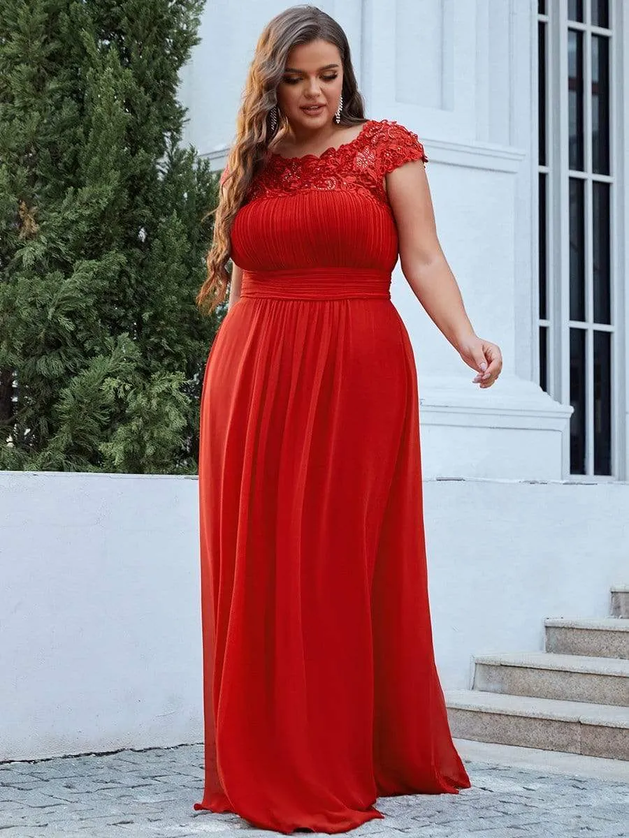 Plus Size Elegant Maxi Long Lace Cap Sleeve Bridesmaid Dress