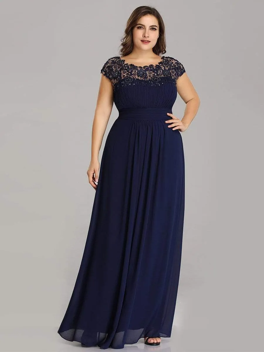 Plus Size Elegant Maxi Long Lace Cap Sleeve Bridesmaid Dress