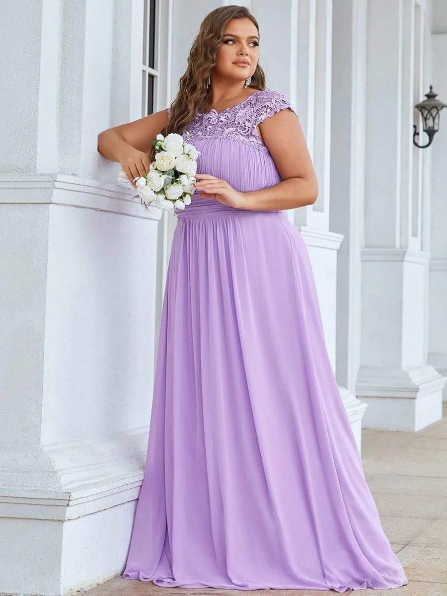 Plus Size Elegant Maxi Long Lace Cap Sleeve Bridesmaid Dress