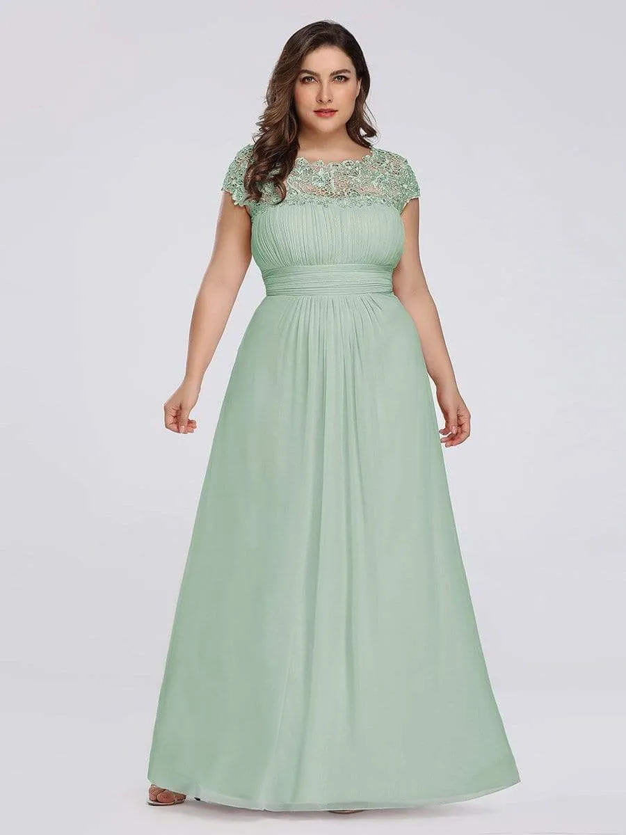 Plus Size Elegant Maxi Long Lace Cap Sleeve Bridesmaid Dress