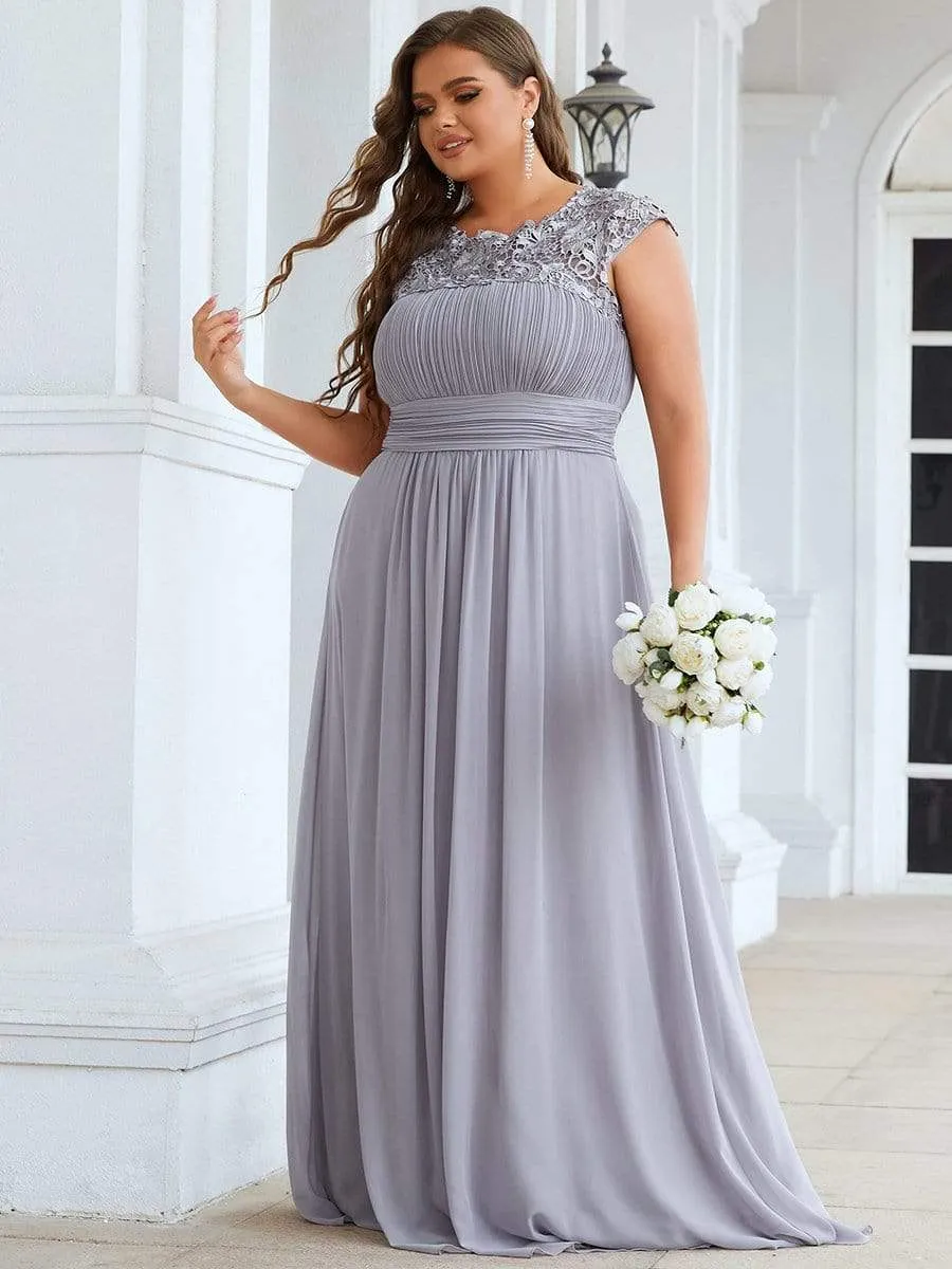 Plus Size Elegant Maxi Long Lace Cap Sleeve Bridesmaid Dress