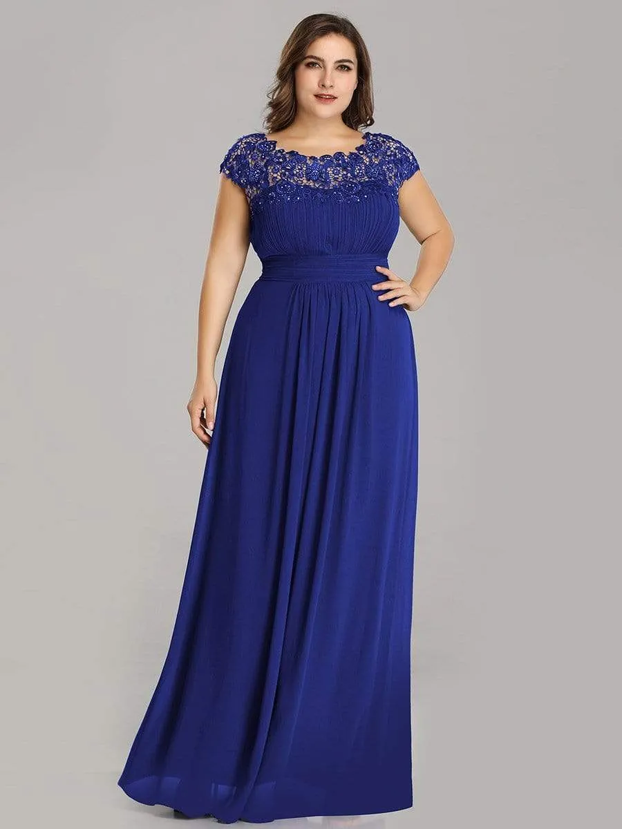 Plus Size Elegant Maxi Long Lace Cap Sleeve Bridesmaid Dress