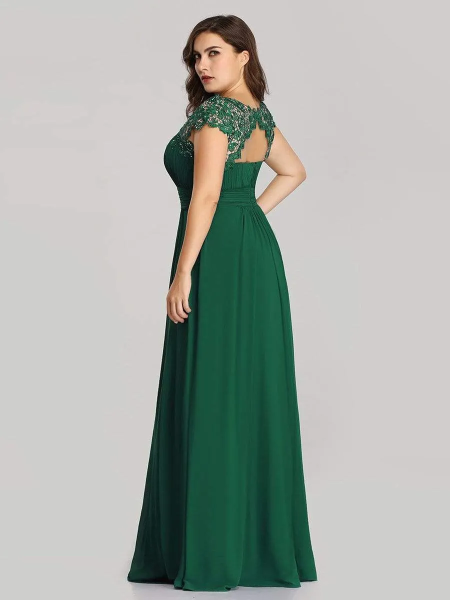 Plus Size Elegant Maxi Long Lace Cap Sleeve Bridesmaid Dress