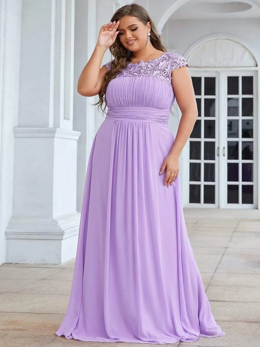 Plus Size Elegant Maxi Long Lace Cap Sleeve Bridesmaid Dress