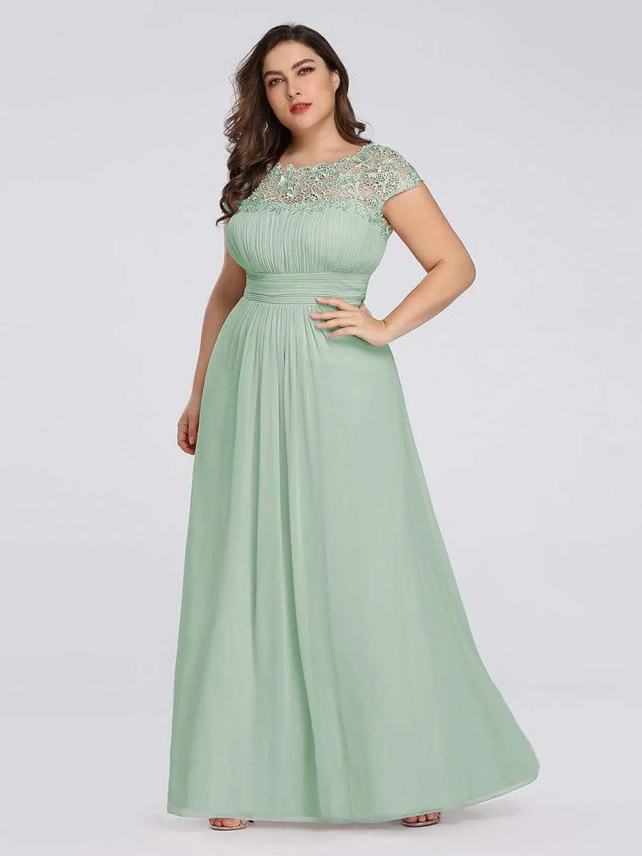 Plus Size Elegant Maxi Long Lace Cap Sleeve Bridesmaid Dress