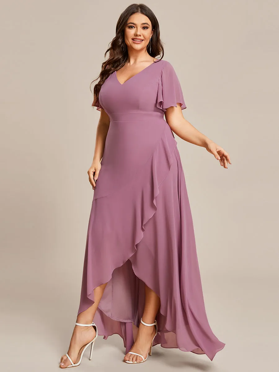 Plus V Neck High Low Ruffles Chiffon Wholesale Bridesmaid Dresses