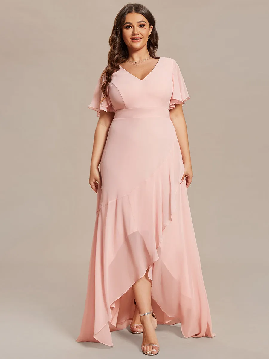 Plus V Neck High Low Ruffles Chiffon Wholesale Bridesmaid Dresses