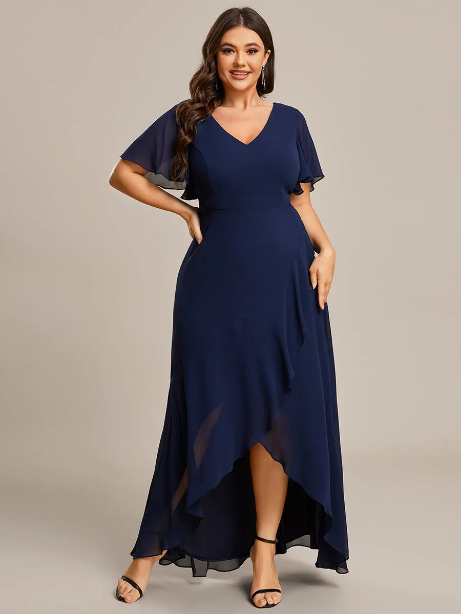 Plus V Neck High Low Ruffles Chiffon Wholesale Bridesmaid Dresses