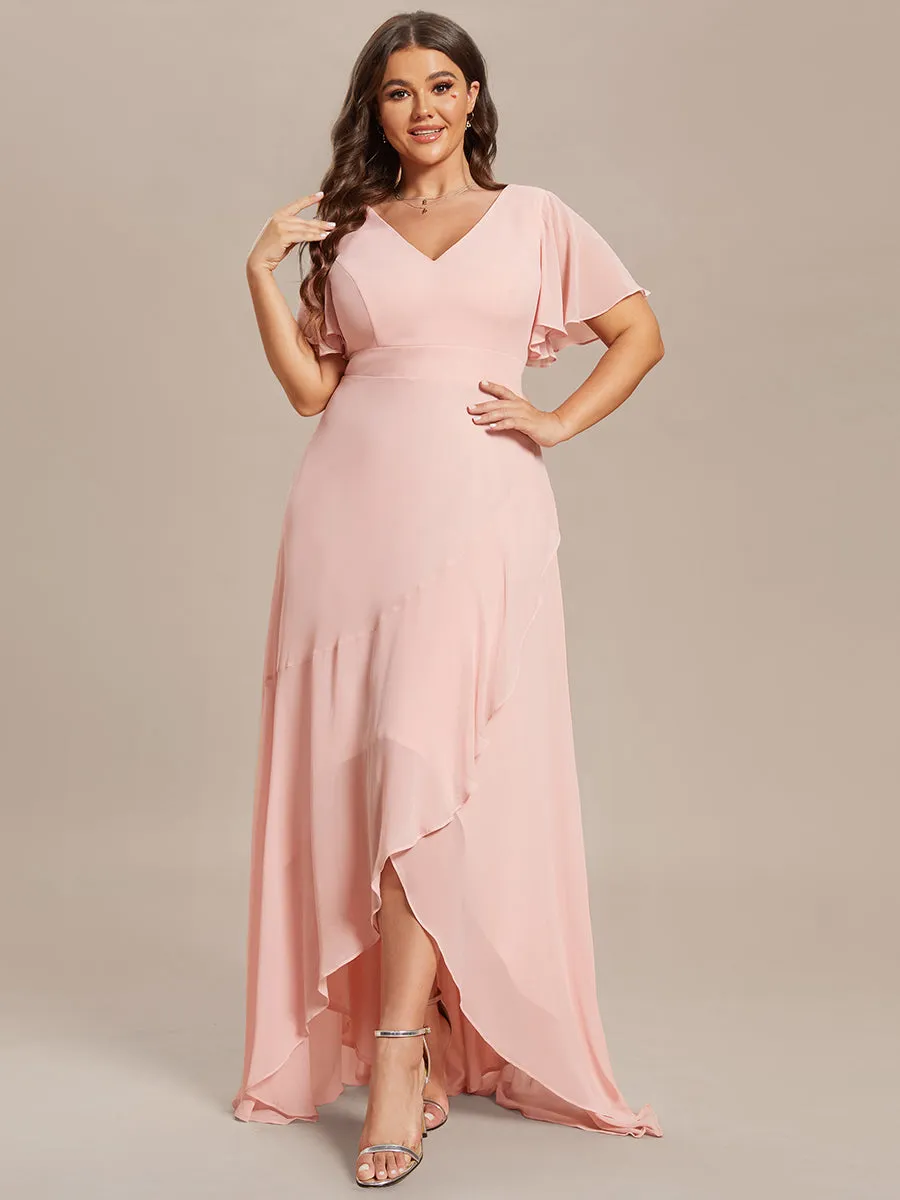 Plus V Neck High Low Ruffles Chiffon Wholesale Bridesmaid Dresses