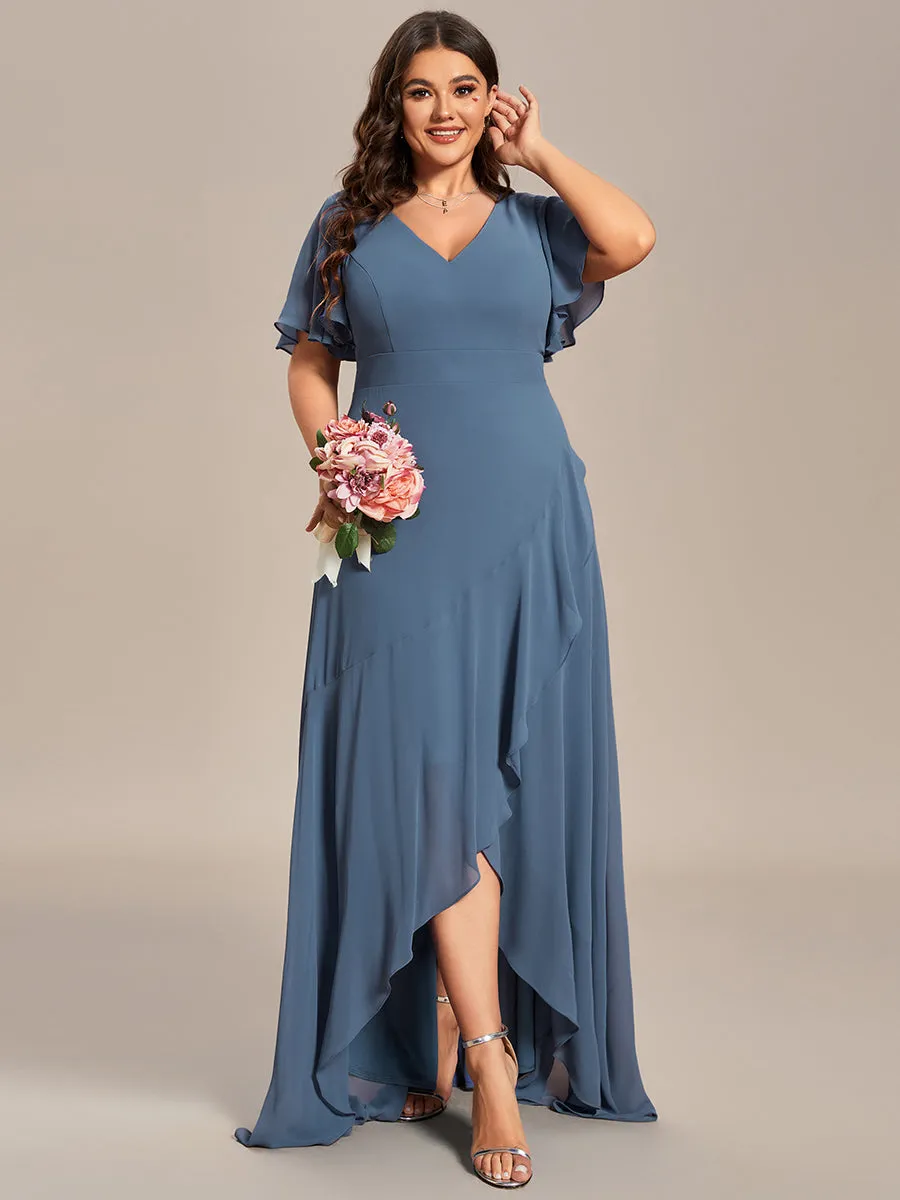 Plus V Neck High Low Ruffles Chiffon Wholesale Bridesmaid Dresses