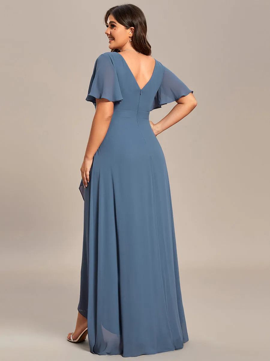 Plus V Neck High Low Ruffles Chiffon Wholesale Bridesmaid Dresses