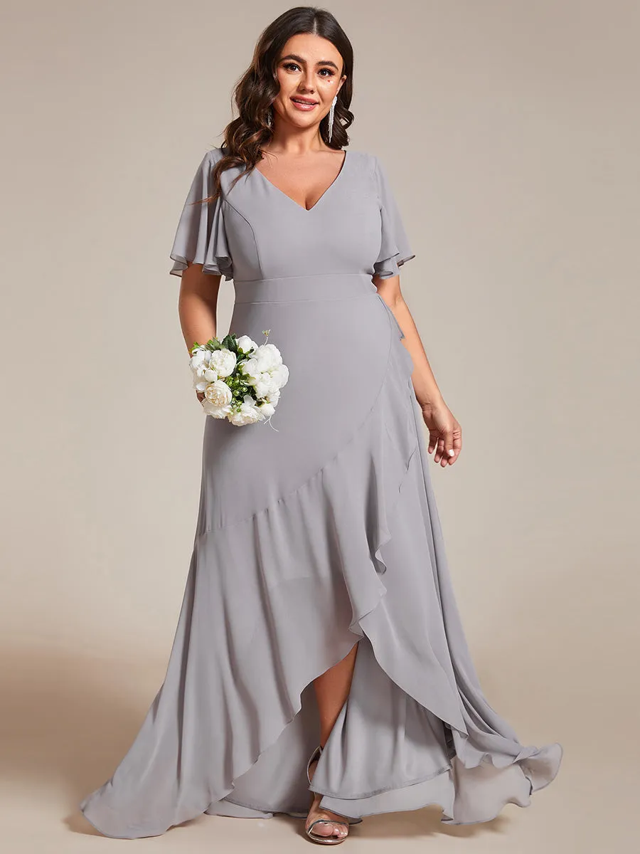 Plus V Neck High Low Ruffles Chiffon Wholesale Bridesmaid Dresses