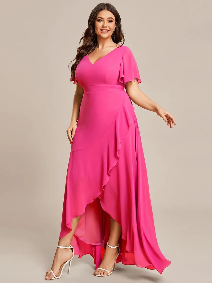 Plus V Neck High Low Ruffles Chiffon Wholesale Bridesmaid Dresses