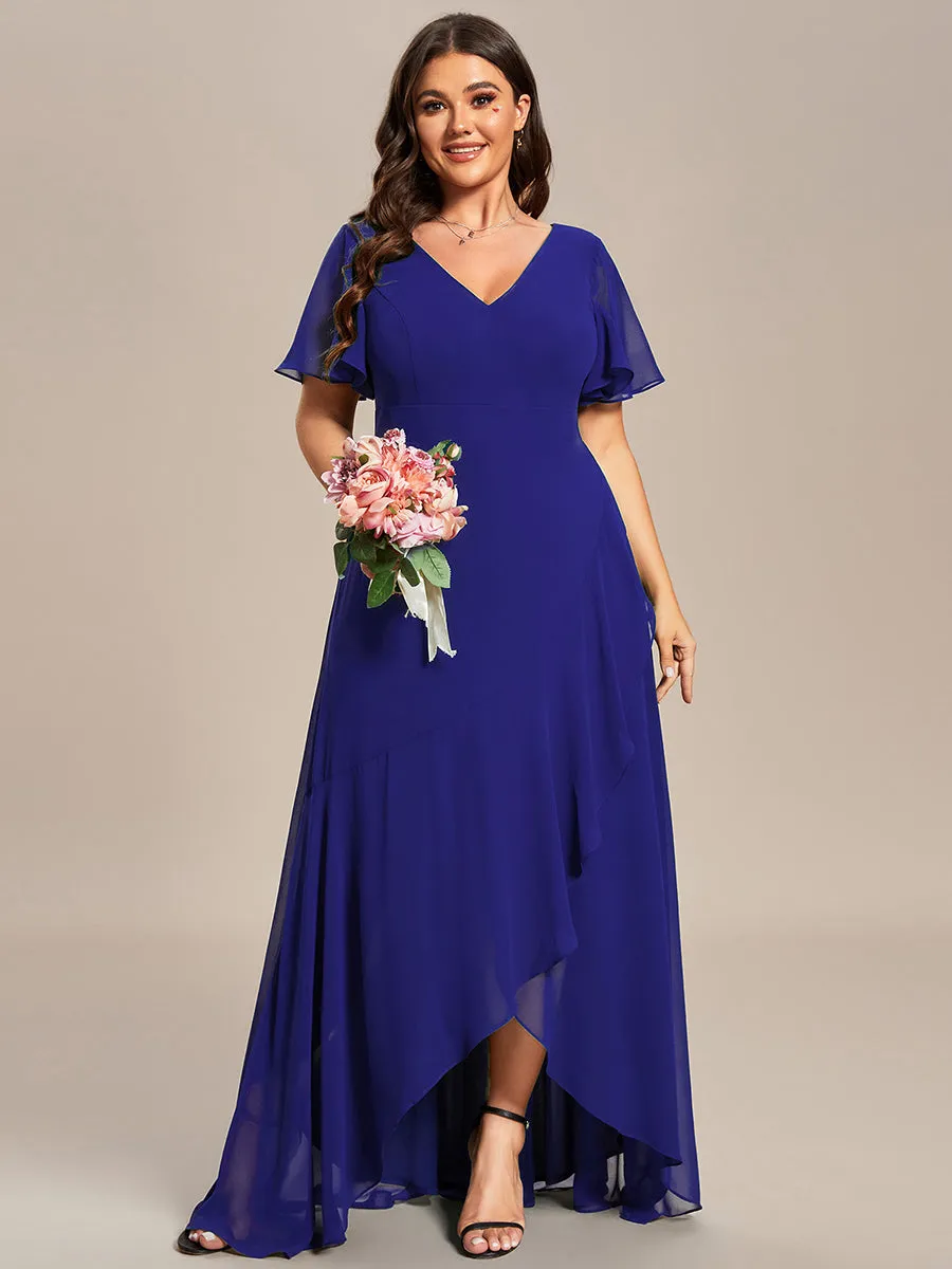 Plus V Neck High Low Ruffles Chiffon Wholesale Bridesmaid Dresses