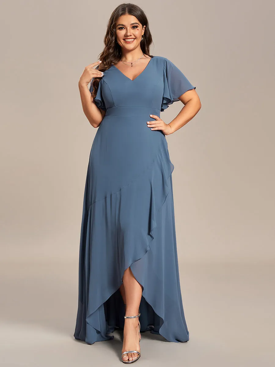 Plus V Neck High Low Ruffles Chiffon Wholesale Bridesmaid Dresses