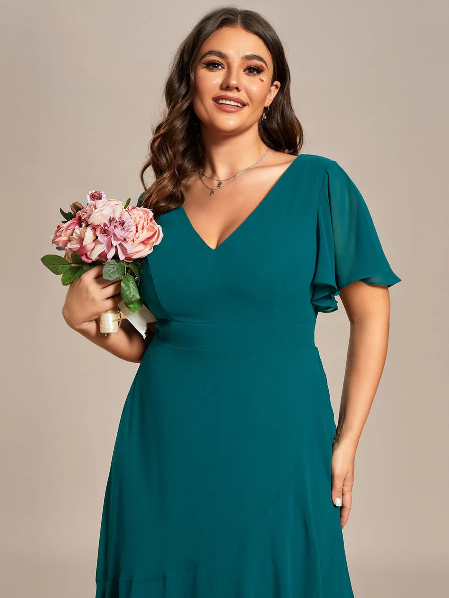 Plus V Neck High Low Ruffles Chiffon Wholesale Bridesmaid Dresses