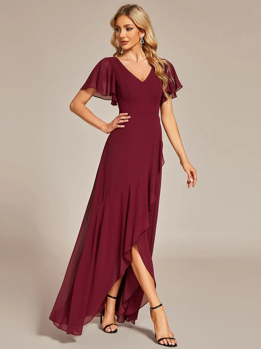 Plus V Neck High Low Ruffles Chiffon Wholesale Bridesmaid Dresses