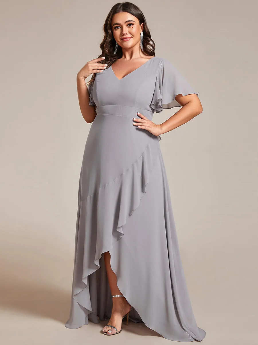 Plus V Neck High Low Ruffles Chiffon Wholesale Bridesmaid Dresses