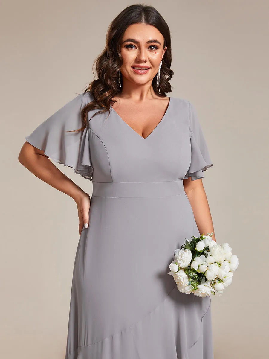 Plus V Neck High Low Ruffles Chiffon Wholesale Bridesmaid Dresses