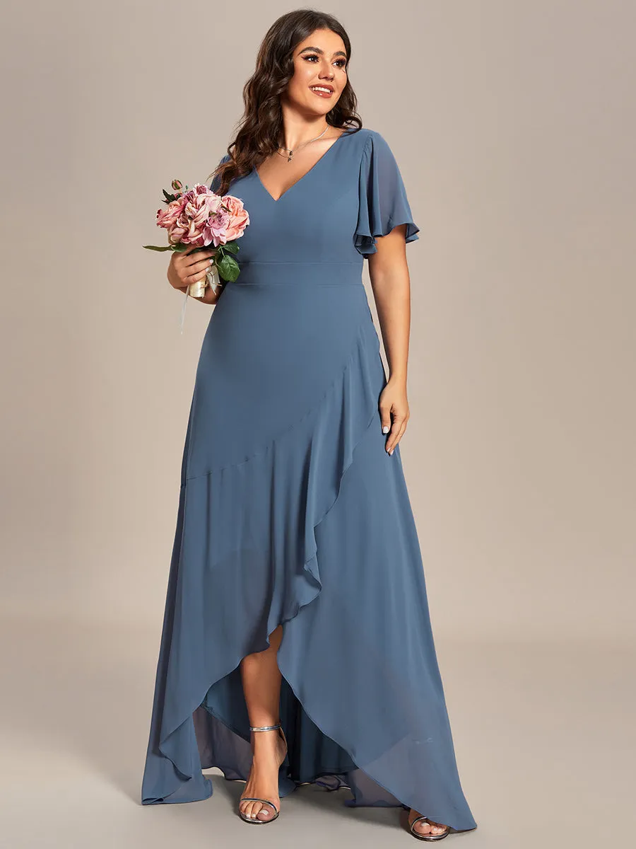 Plus V Neck High Low Ruffles Chiffon Wholesale Bridesmaid Dresses