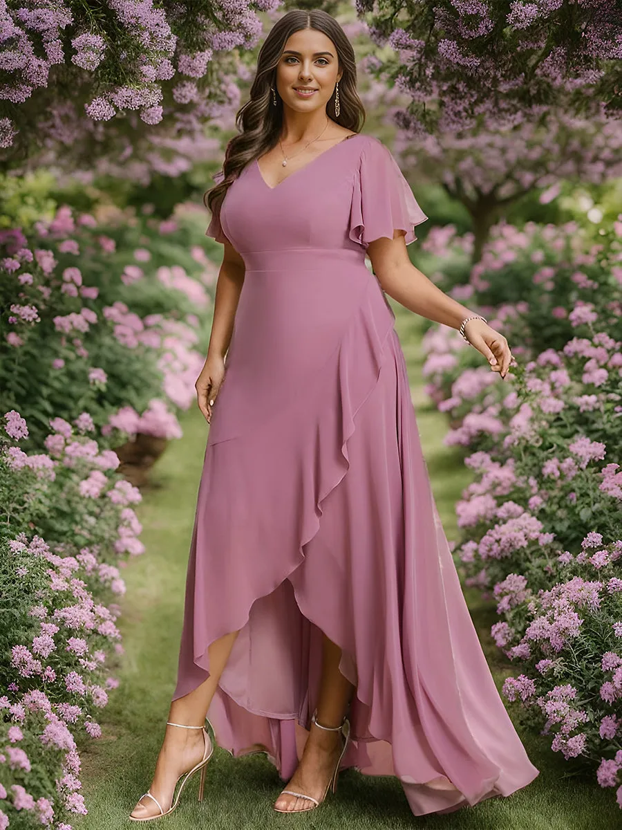 Plus V Neck High Low Ruffles Chiffon Wholesale Bridesmaid Dresses