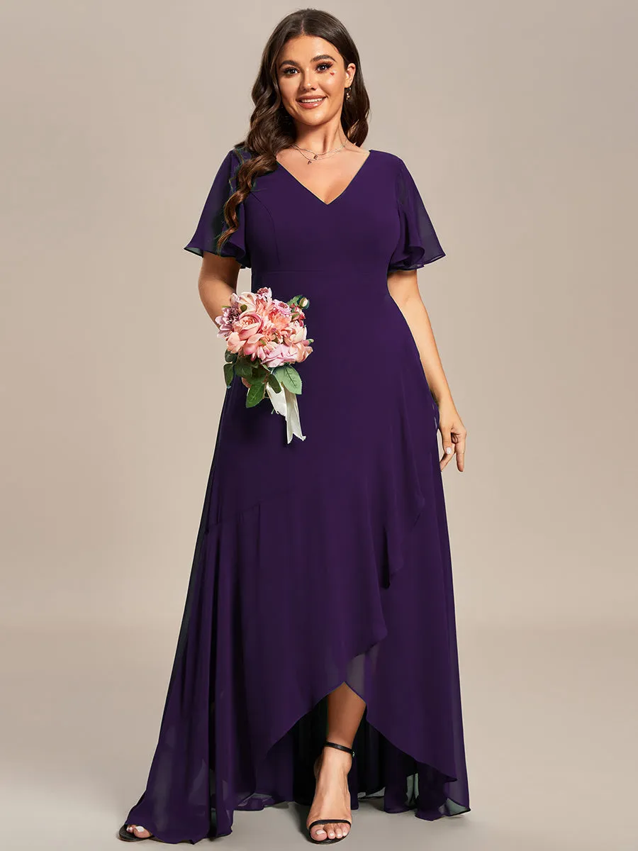 Plus V Neck High Low Ruffles Chiffon Wholesale Bridesmaid Dresses