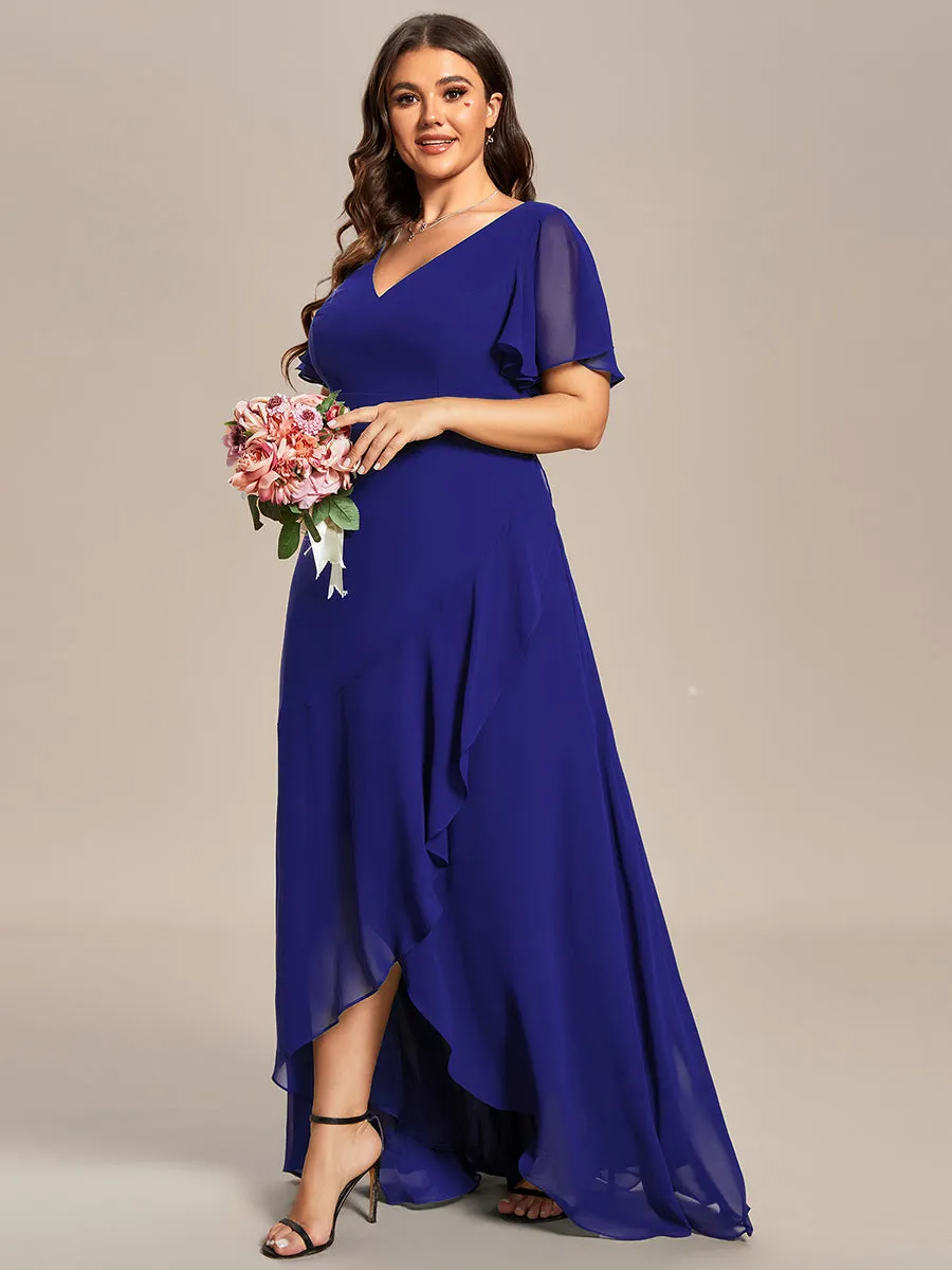 Plus V Neck High Low Ruffles Chiffon Wholesale Bridesmaid Dresses