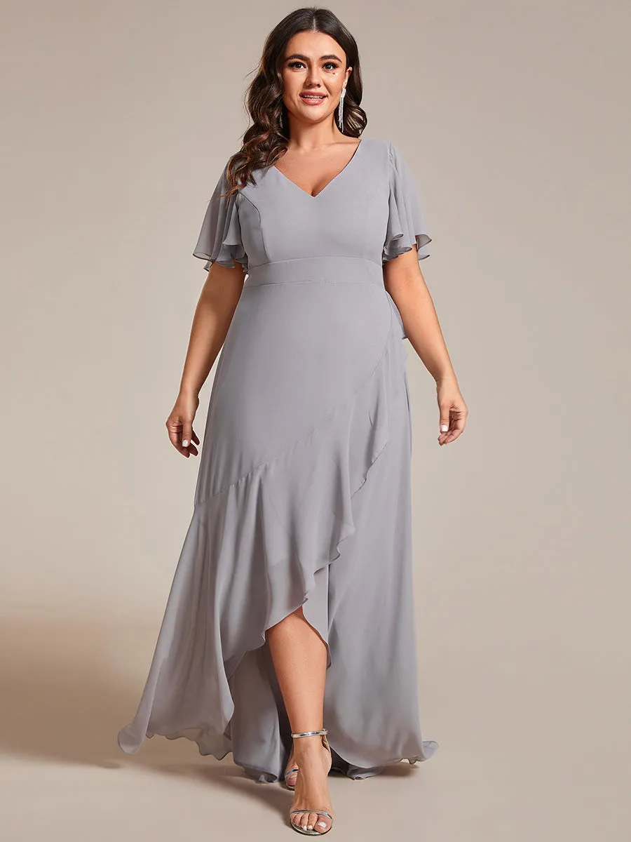 Plus V Neck High Low Ruffles Chiffon Wholesale Bridesmaid Dresses