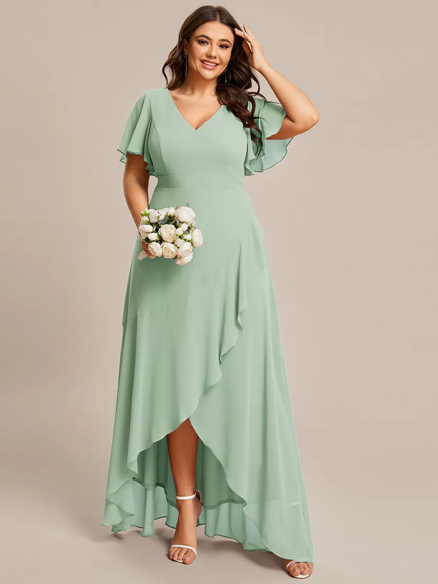 Plus V Neck High Low Ruffles Chiffon Wholesale Bridesmaid Dresses