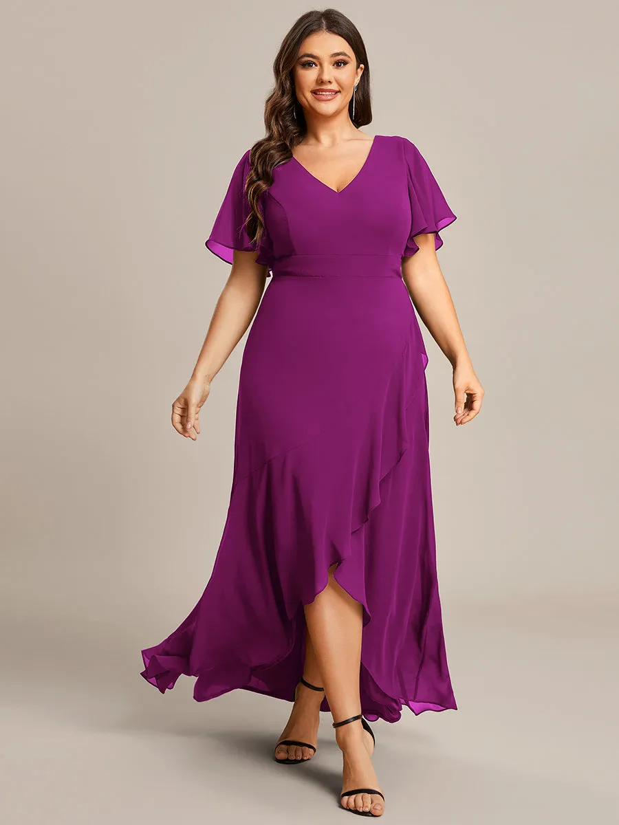 Plus V Neck High Low Ruffles Chiffon Wholesale Bridesmaid Dresses