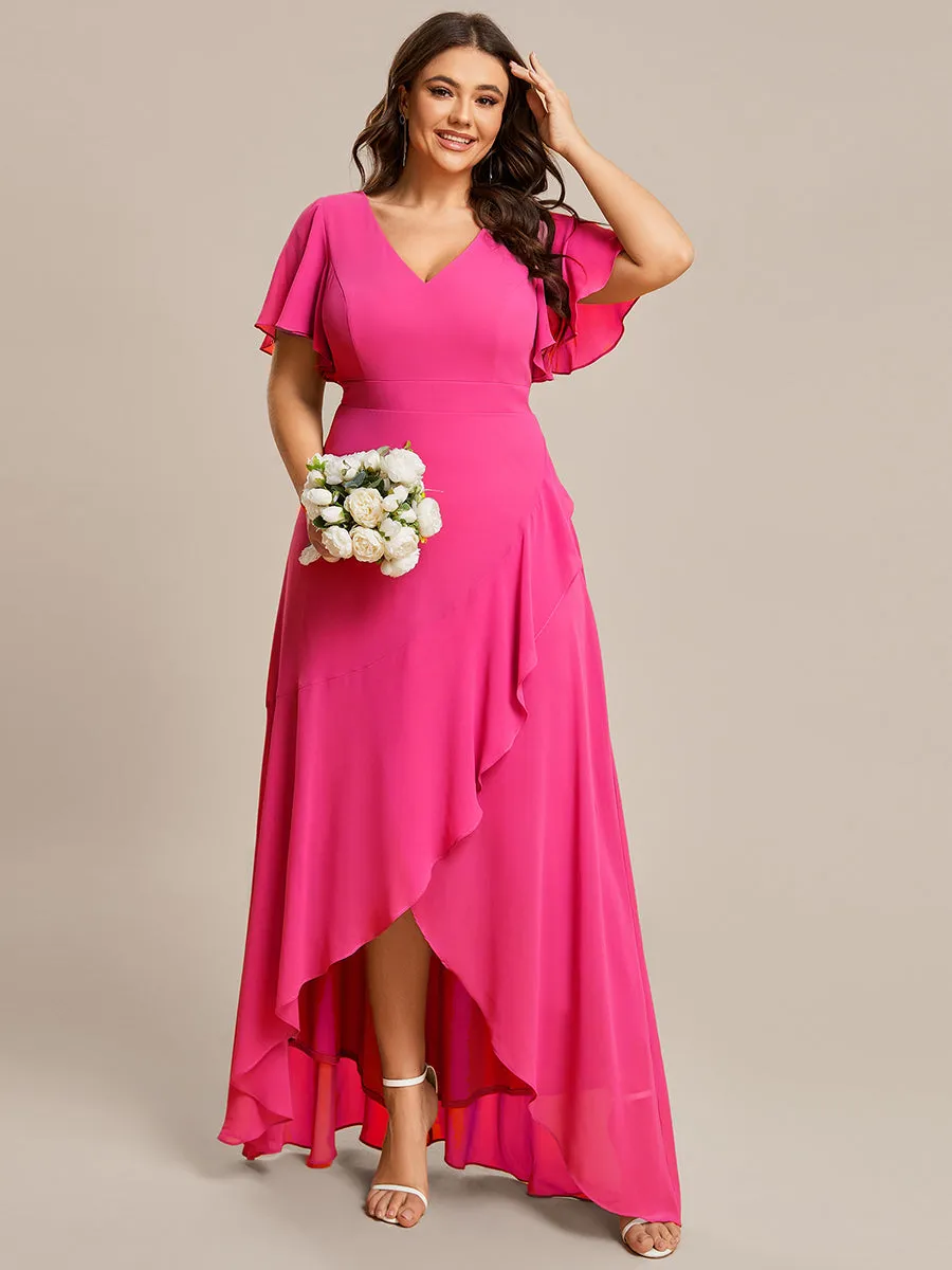 Plus V Neck High Low Ruffles Chiffon Wholesale Bridesmaid Dresses