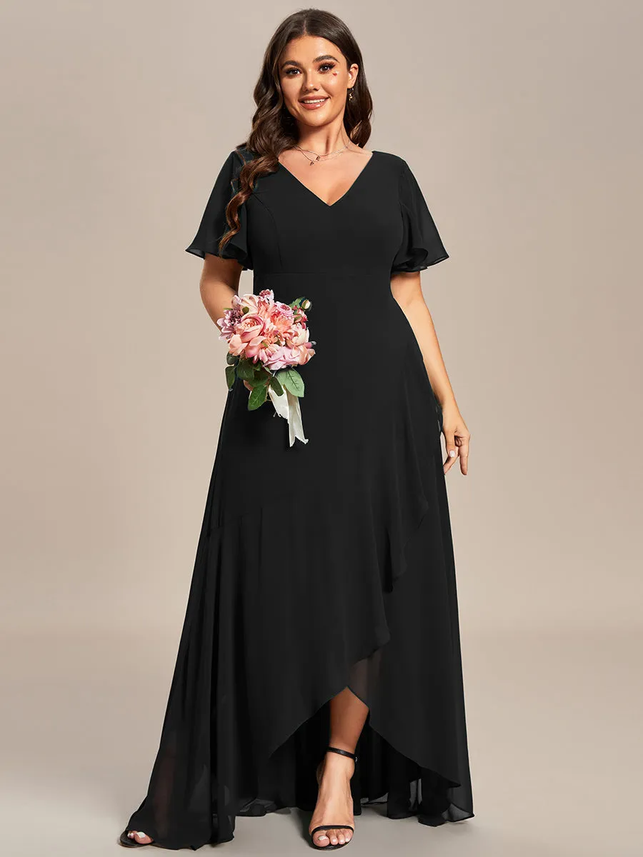 Plus V Neck High Low Ruffles Chiffon Wholesale Bridesmaid Dresses