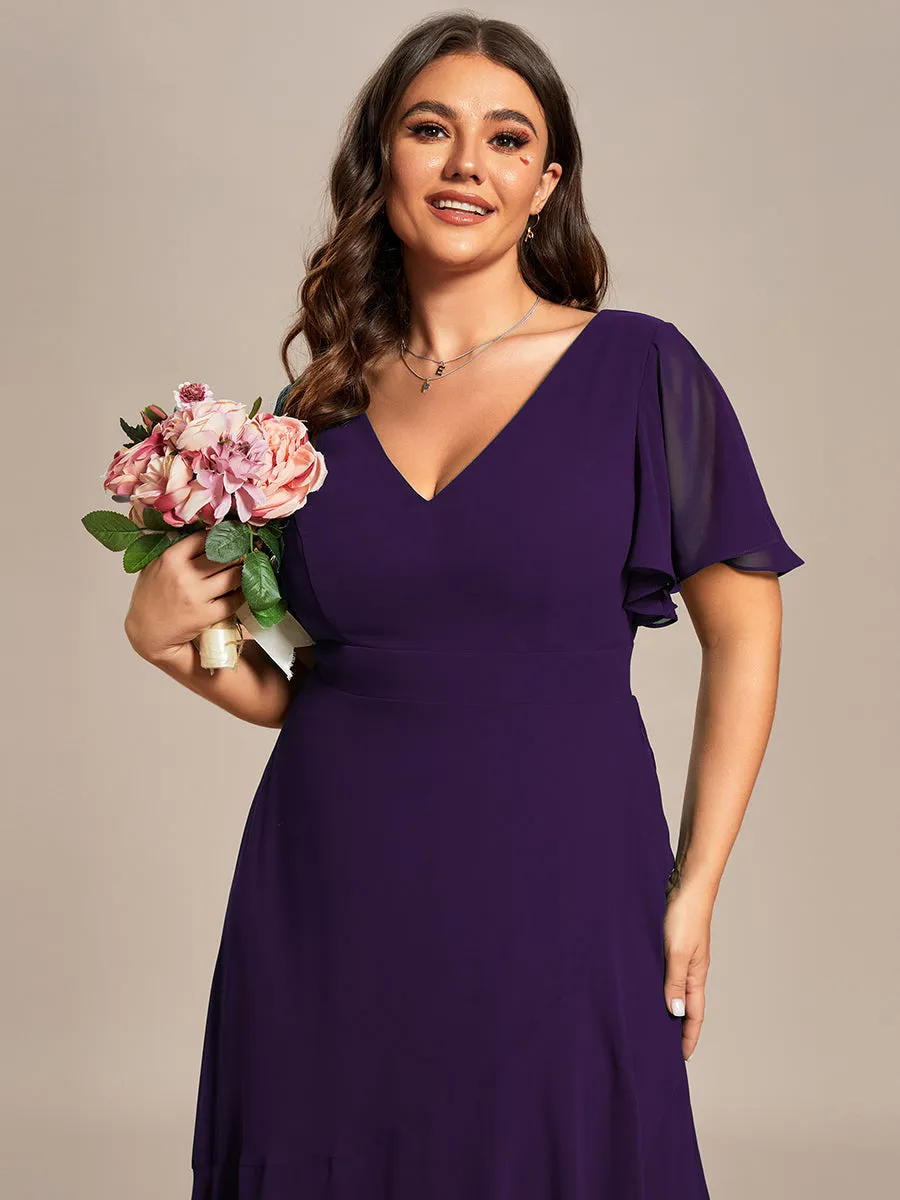 Plus V Neck High Low Ruffles Chiffon Wholesale Bridesmaid Dresses