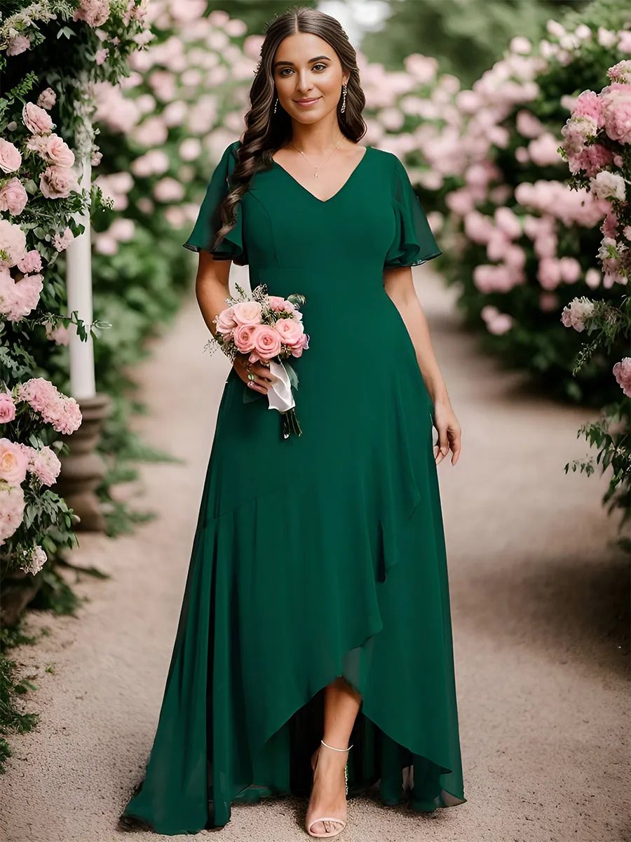 Plus V Neck High Low Ruffles Chiffon Wholesale Bridesmaid Dresses