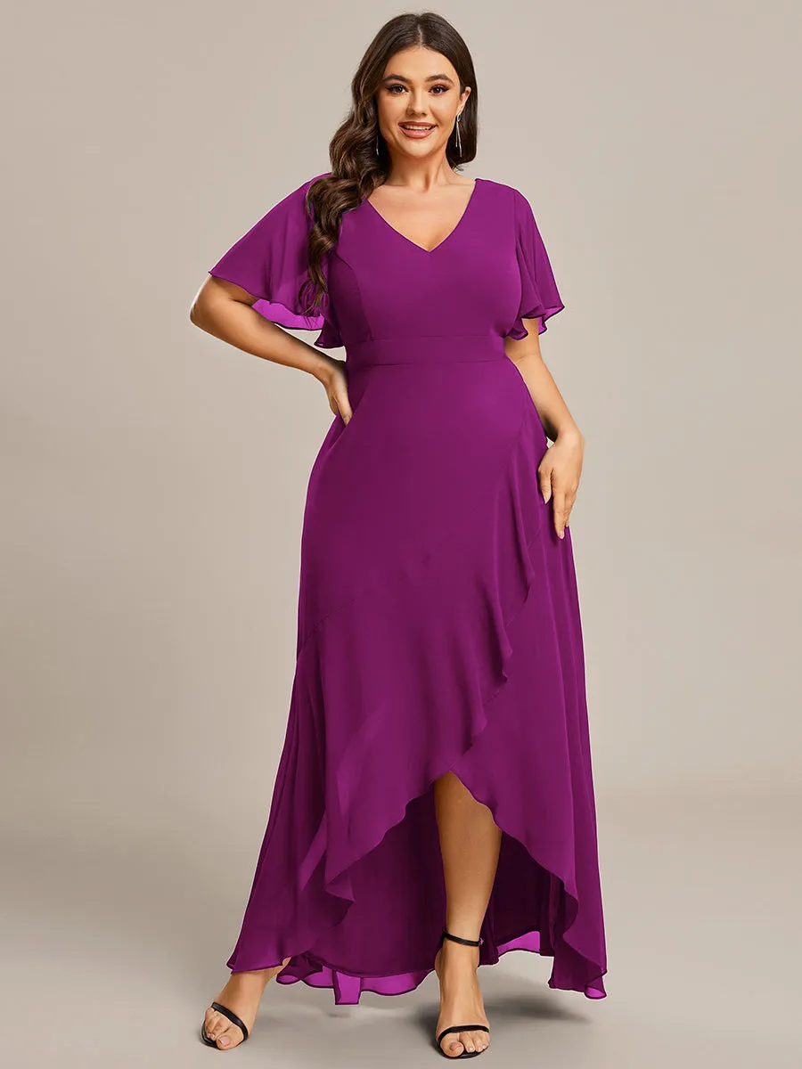 Plus V Neck High Low Ruffles Chiffon Wholesale Bridesmaid Dresses