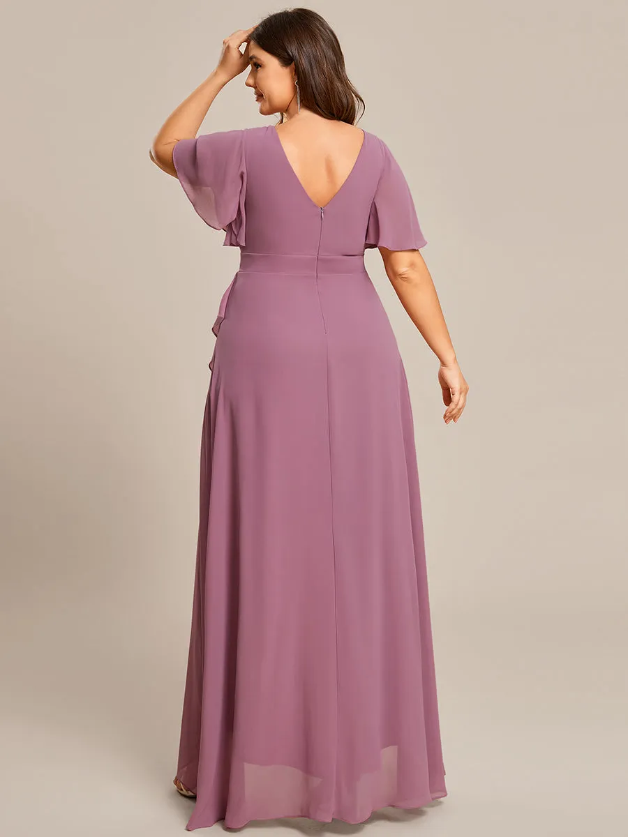 Plus V Neck High Low Ruffles Chiffon Wholesale Bridesmaid Dresses