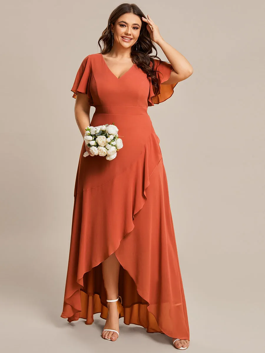 Plus V Neck High Low Ruffles Chiffon Wholesale Bridesmaid Dresses