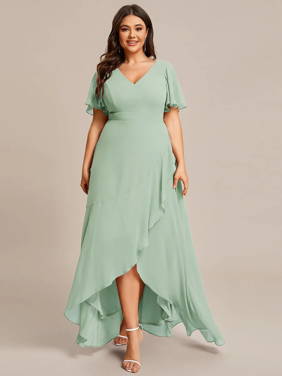 Plus V Neck High Low Ruffles Chiffon Wholesale Bridesmaid Dresses