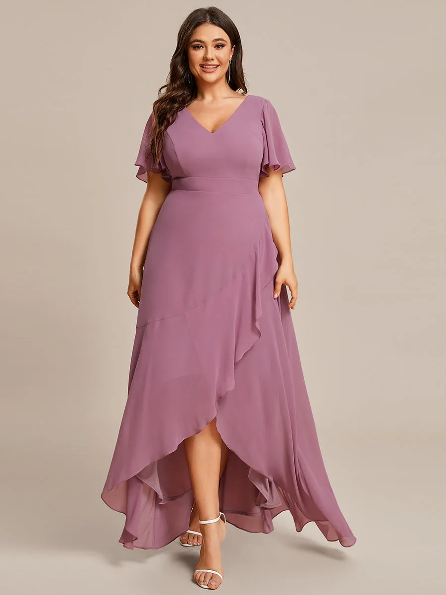 Plus V Neck High Low Ruffles Chiffon Wholesale Bridesmaid Dresses