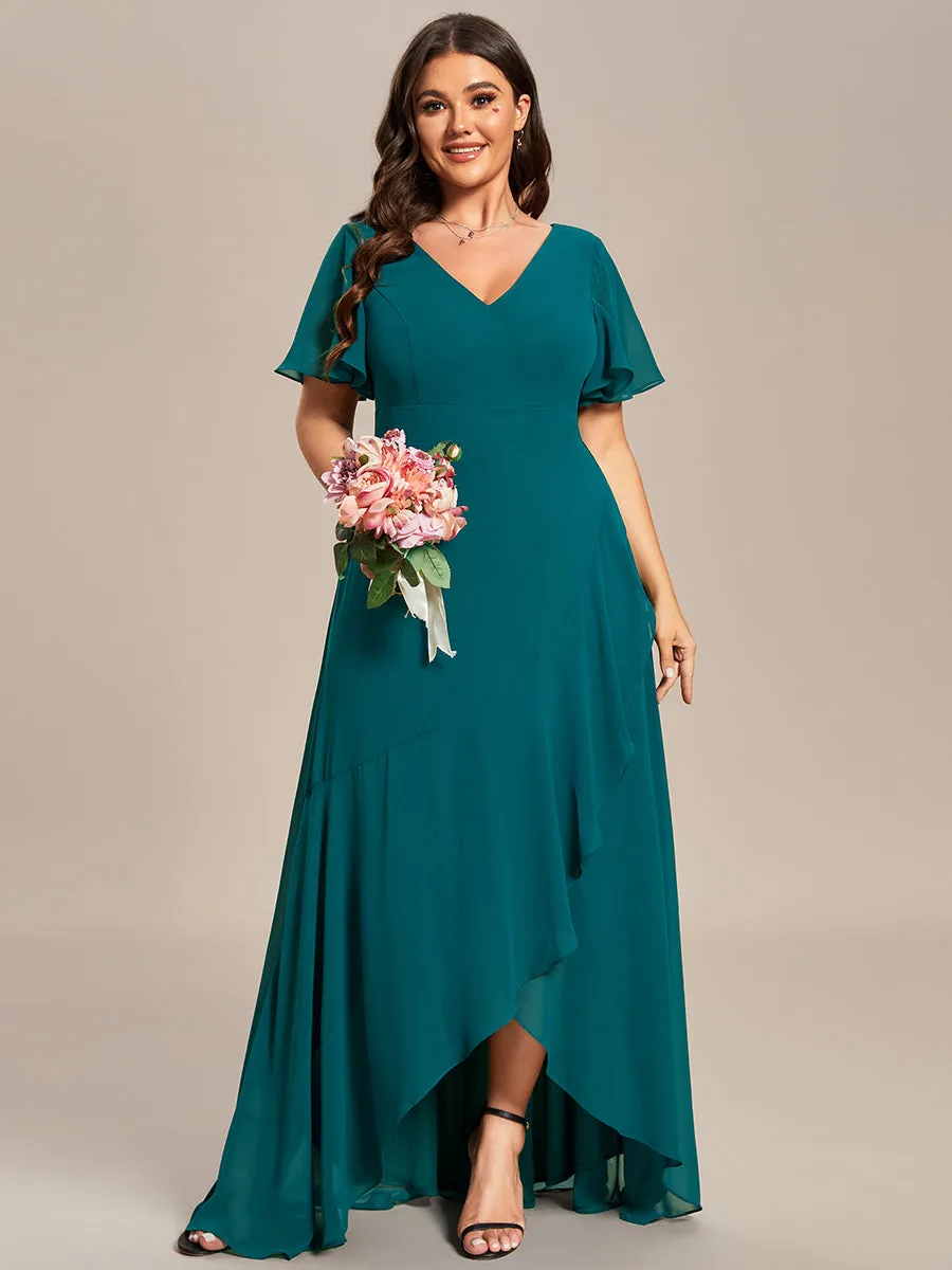 Plus V Neck High Low Ruffles Chiffon Wholesale Bridesmaid Dresses