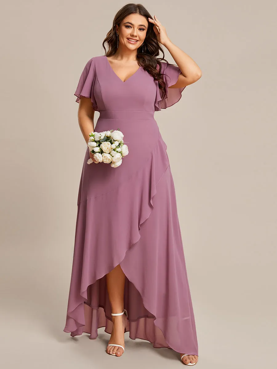 Plus V Neck High Low Ruffles Chiffon Wholesale Bridesmaid Dresses