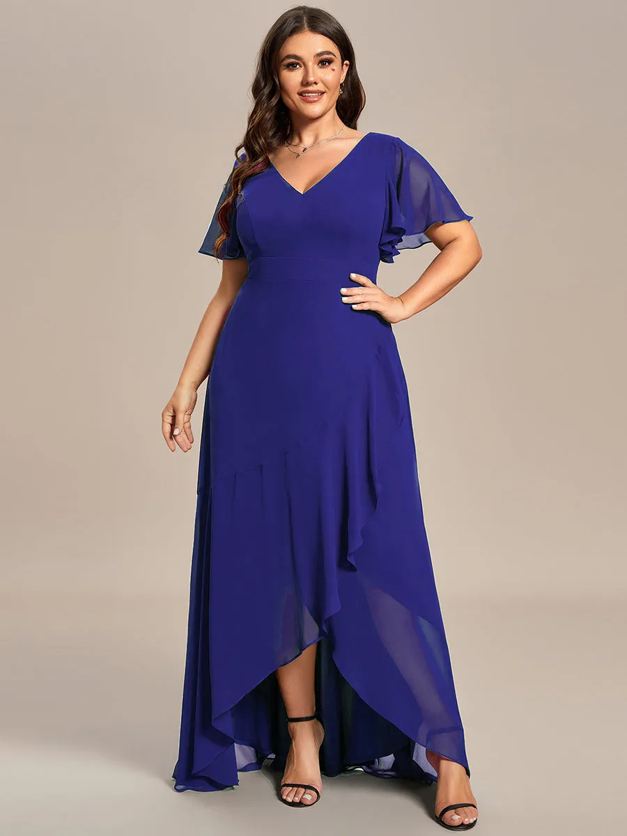 Plus V Neck High Low Ruffles Chiffon Wholesale Bridesmaid Dresses