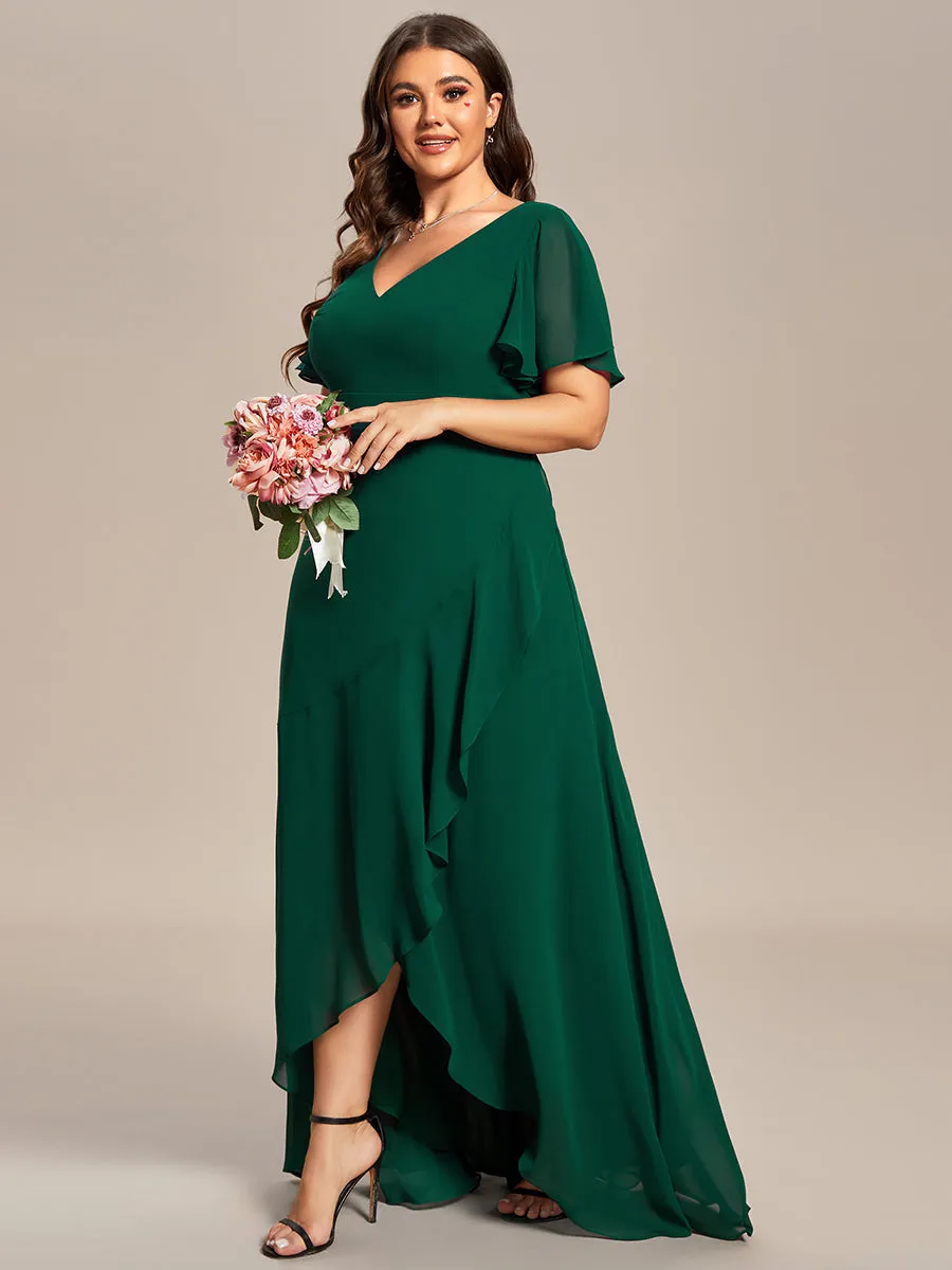 Plus V Neck High Low Ruffles Chiffon Wholesale Bridesmaid Dresses