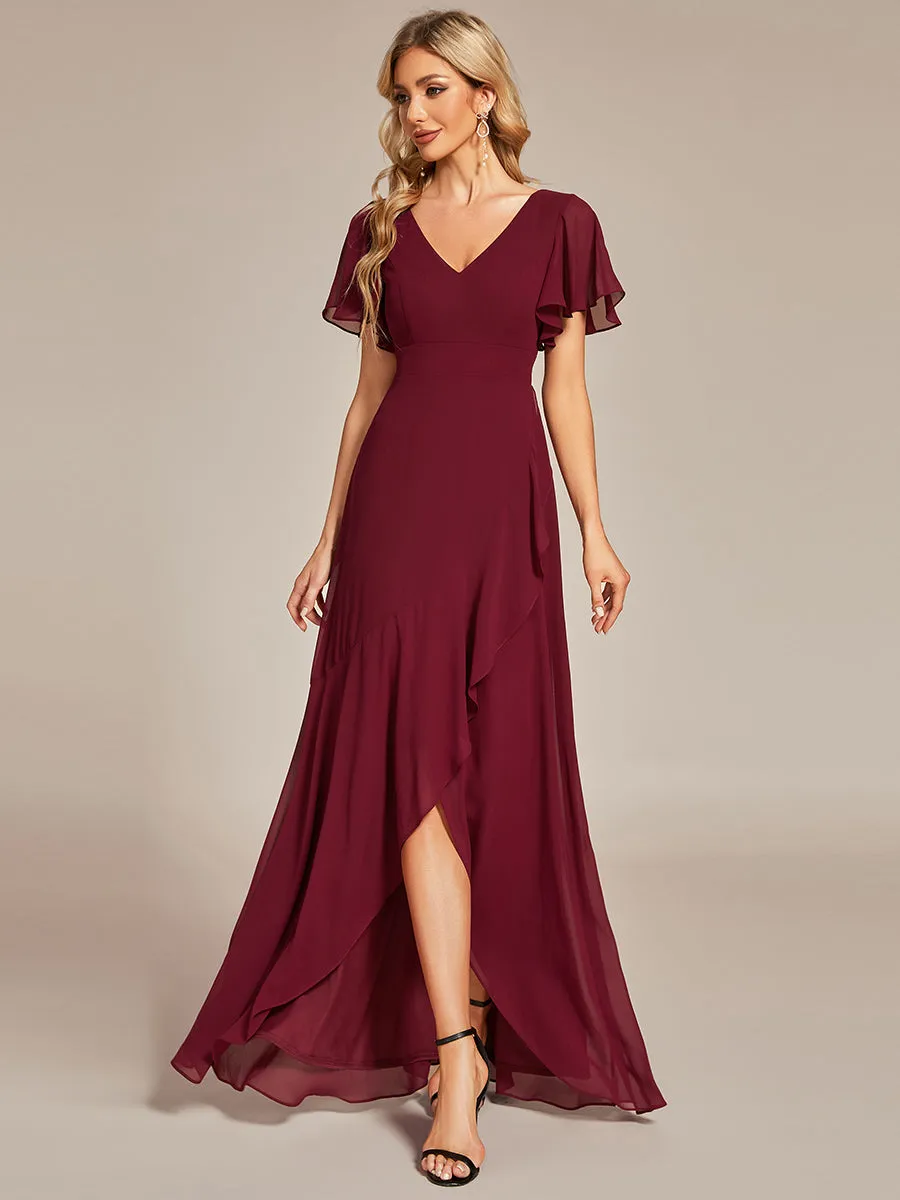 Plus V Neck High Low Ruffles Chiffon Wholesale Bridesmaid Dresses