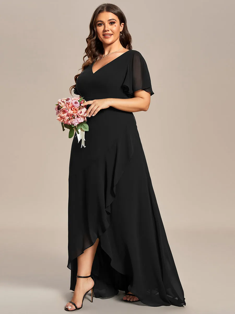 Plus V Neck High Low Ruffles Chiffon Wholesale Bridesmaid Dresses